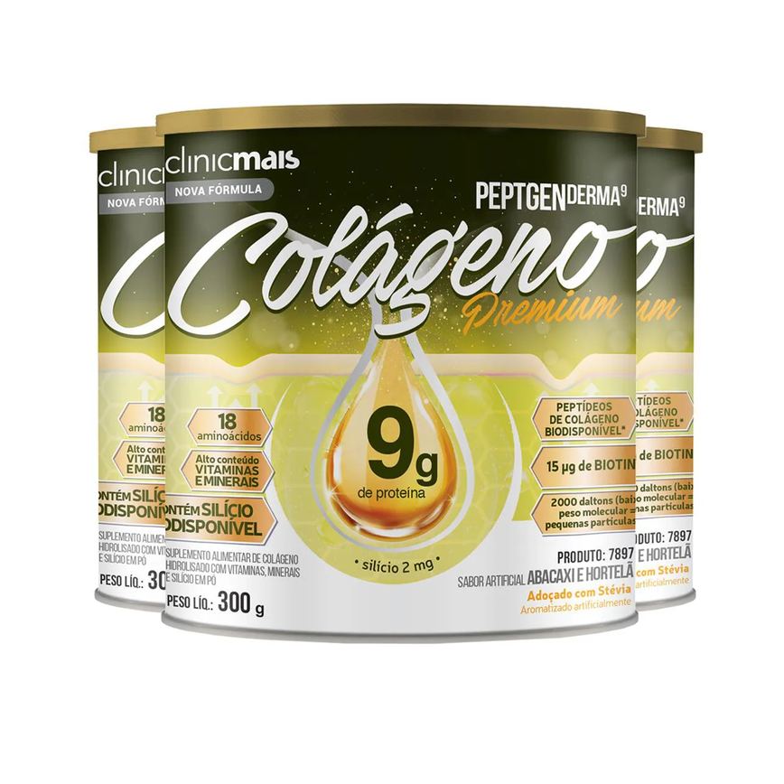 Kit 3 Colágeno Peptgenderma Clinicmais 300G Abacaxi com Hortelã