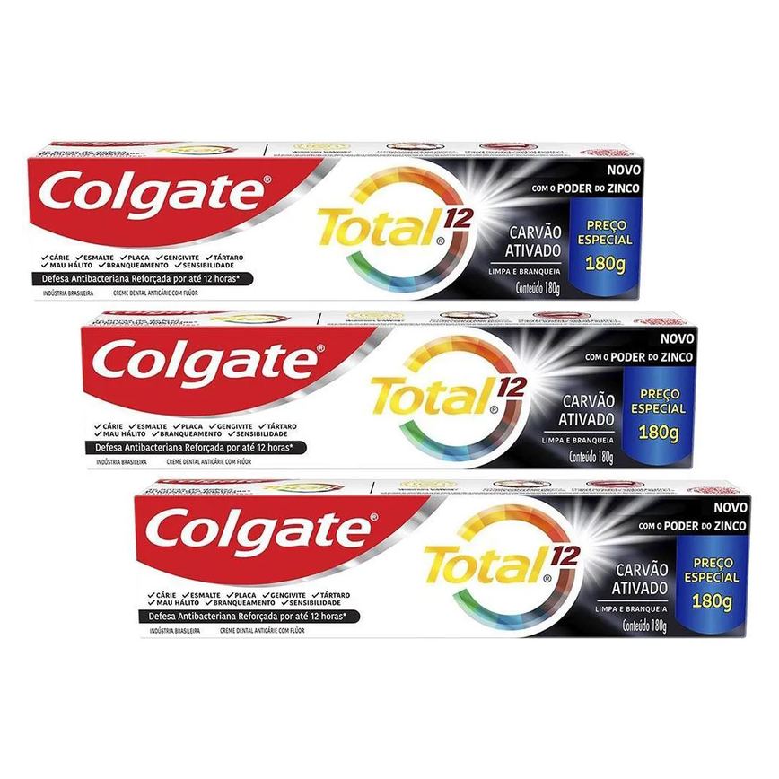 Kit 3 Cremes Dentais Colgate Total Carvão Ativado 180G