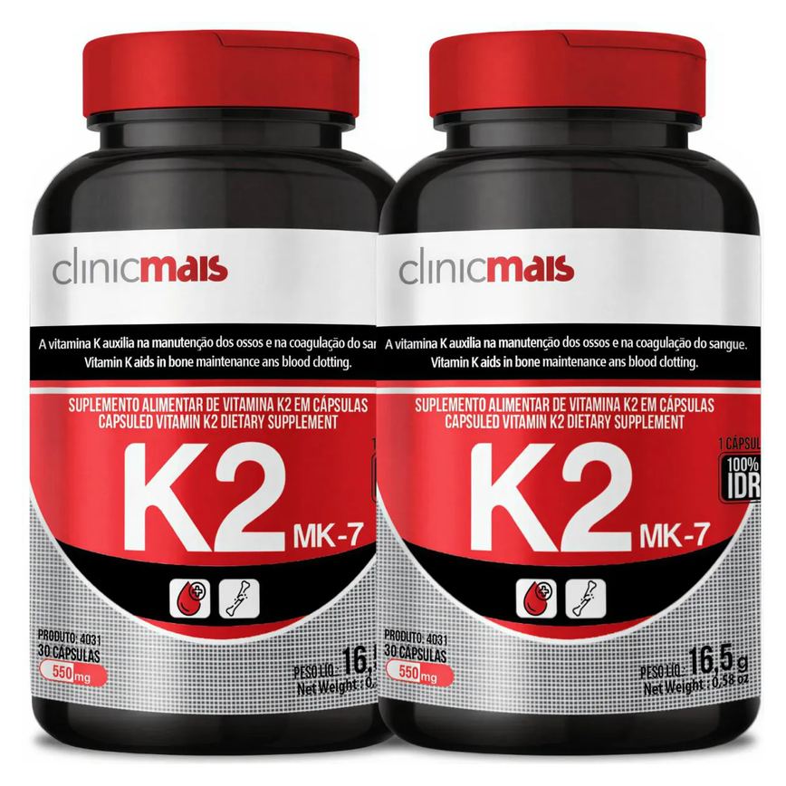 Kit 2 Vitamina K2 Menaquinona-7 Mk-7 65Mcg Total 60 Cápsulas 1 ao Dia - Clinicmais