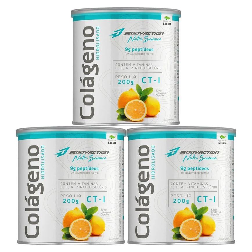 Kit 3X Colágeno Hidrolisado Nutri Science - 200G Limão com Clorofila - Bodyaction