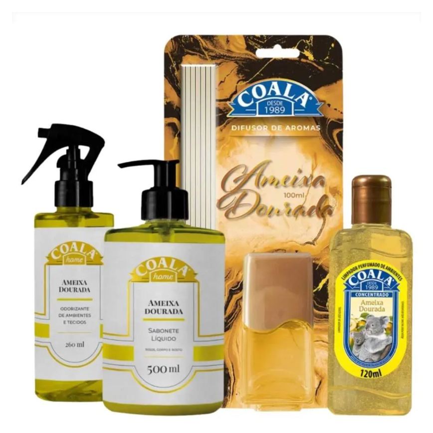Kit Coala Ameixa Dourada: Limpador Perfumado 120Ml, Sabonete Líquido 500Ml, Odorizante de Ambientes 260Ml e Difusor de Aromas 100Ml
