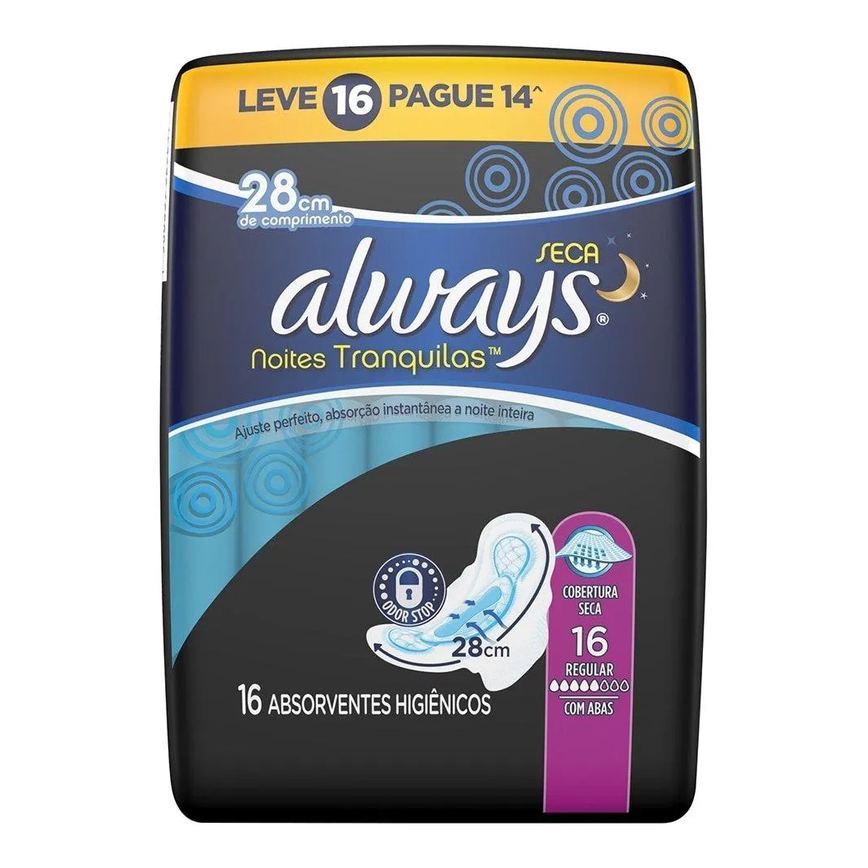 Absorvente Always Noturno Malha Seca com Abas - Embalagem com 16 Unidades - Leve 16 Pague 14