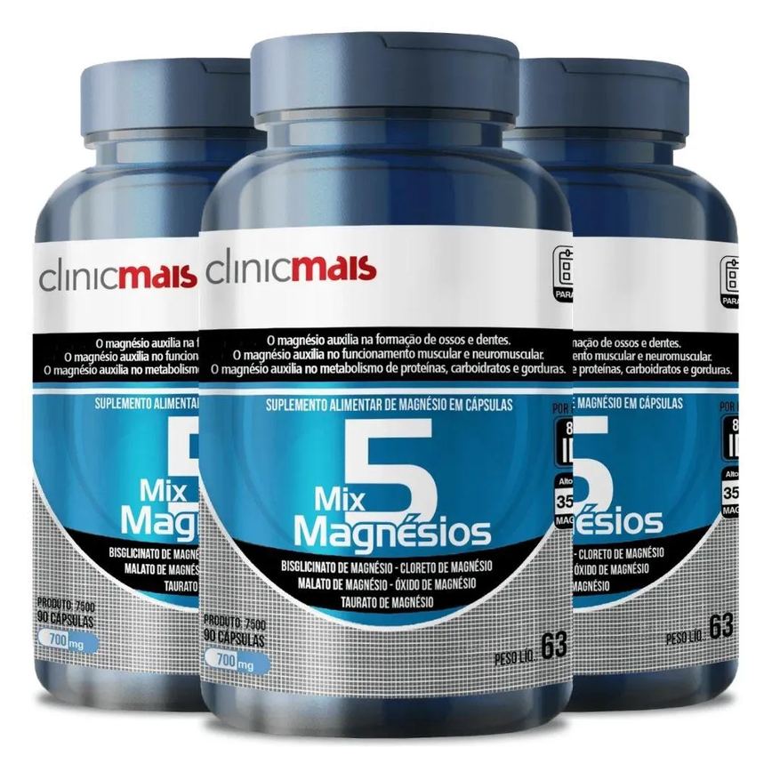 Kit 3X 5 Mix Magnésios 90 Cápsulas - Clinicmais