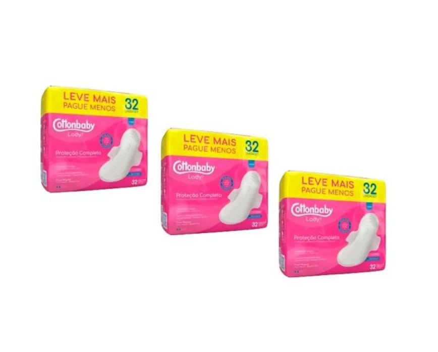 Kit 03 Unidades Absorvente Higiênico com Abas Lady C/32 Unidades Cottonbaby
