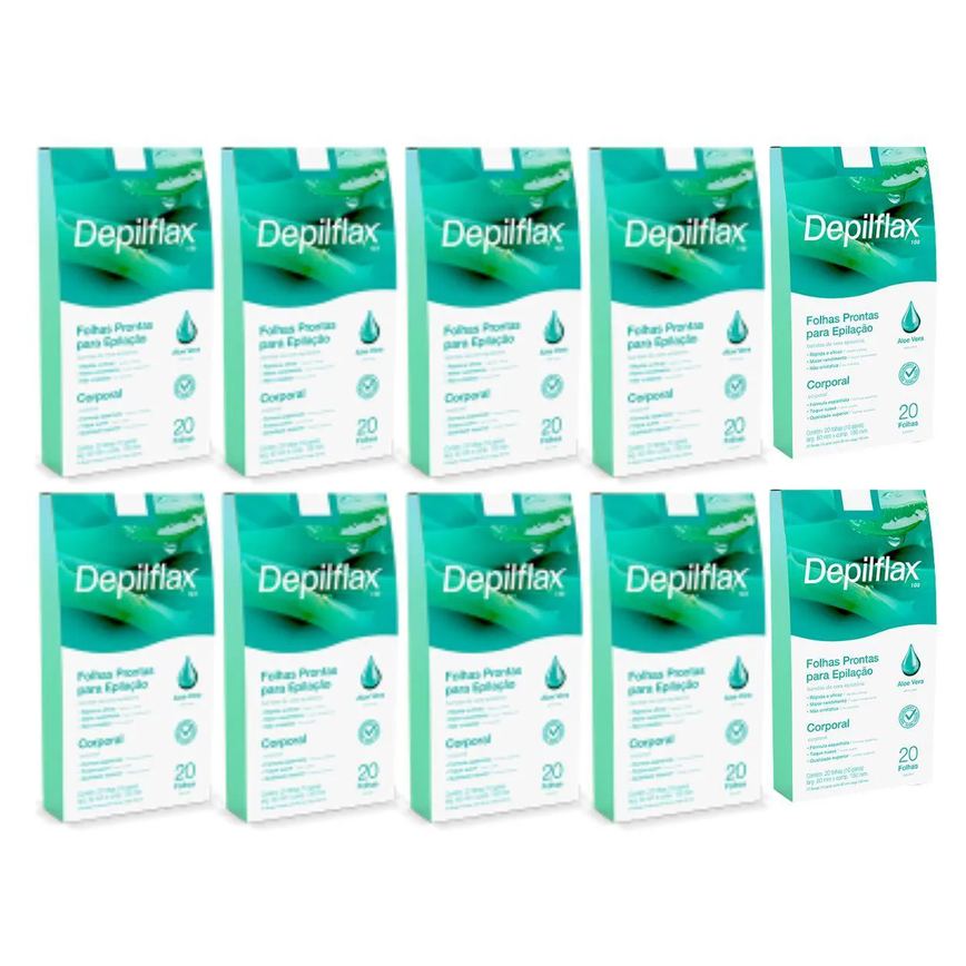 Kit 10 Folhas Prontas Corporais Depilação Cera Depilflax Aloe Vera 200Un