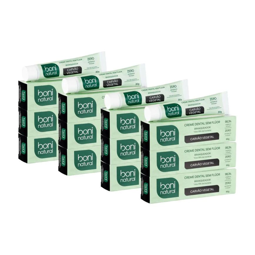 Kit 12 Creme Dental Boni Natural Menta e Carvão Vegetal 90G