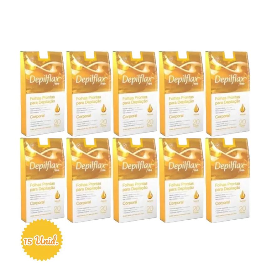 Kit 15 Folhas Prontas Corporais Depilação Cera Depilflax Natural 300 Unid.
