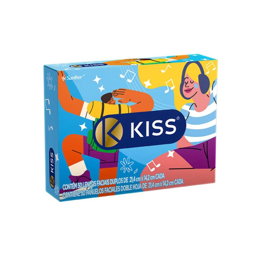 Lenço de Papel Facial Kiss Folha Dupla com 50 Unidades