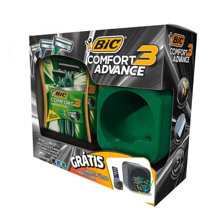 Kit Aparelho de Barbear Bic Comfort 3 Advance com 4 unidades + Suporte Acústico para Celular