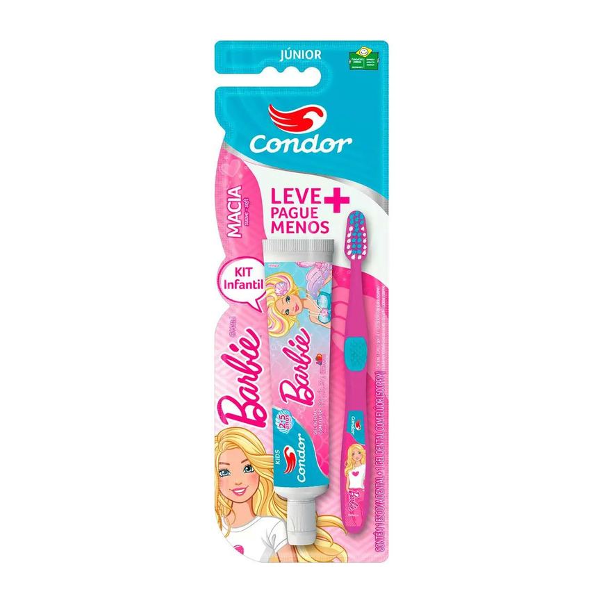 Kit Gel Dental Infantil com 50g + Escova de Dente Condor Júnior Barbie Macia