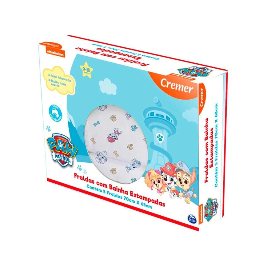 Fralda de Pano com Bainha Estampada Creme Patrulha Canina 5 Unidades