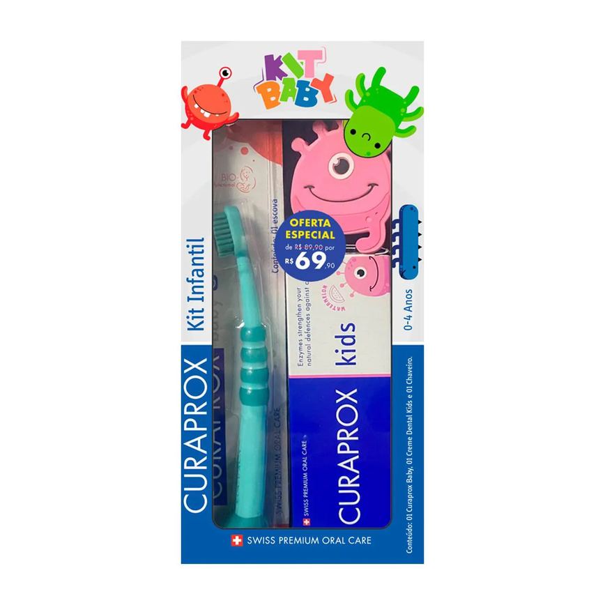 Kit Curaprox Infantil Baby Escova de Dente 0 a 4 Anos + Pasta de Dente Kids + Chaveiro