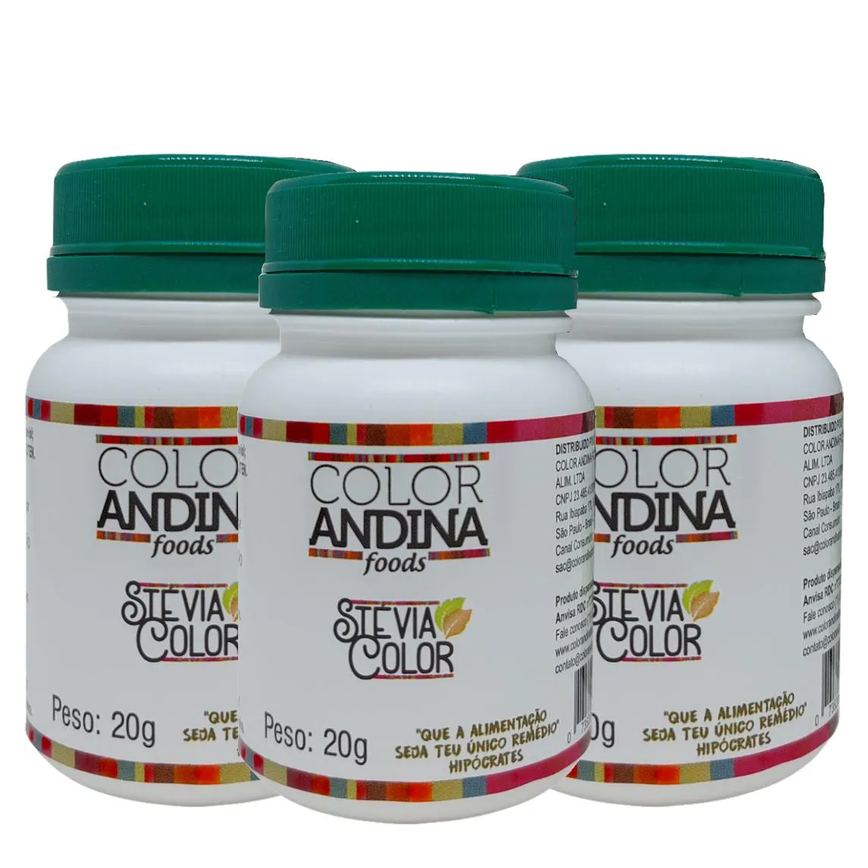 Adoçante Dietético Stévia Color Andina Food, 3 Potes de 20g