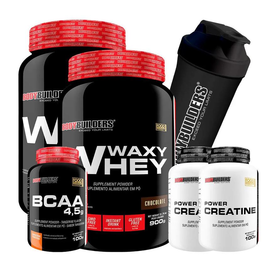 Kit 2x Waxy Whey Protein 900g + 2x Power Creatina 100g + Bcaa 4.5 100g + Coqueteleira - Bodybuilders Chocolate