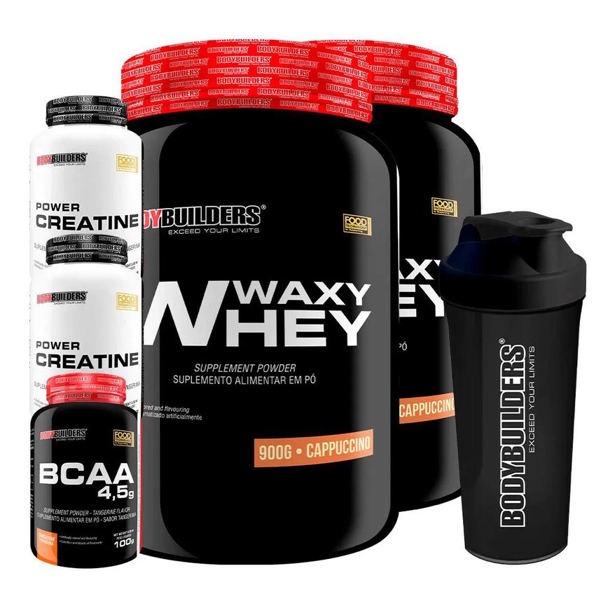 Kit BodyBuilders Whey Protein Waxy Whey Cappuccino 900g 2 unidades + BCAA Tangerina 100g + Creatina Power 100g 2 unidades + Coqueteleira