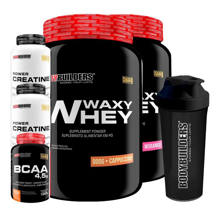 Kit 2x Waxy Whey Protein 900g + 2x Power Creatina 100g + Bcaa 4.5 100g + Coqueteleira - Bodybuilders Morango e Cappuccino