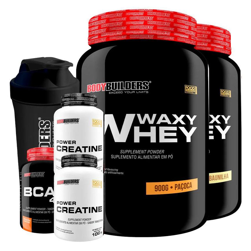 Kit 2x Waxy Whey Protein 900g + 2x Power Creatina 100g + Bcaa 4.5 100g + Coqueteleira - Bodybuilders Baunilha e Paçoca