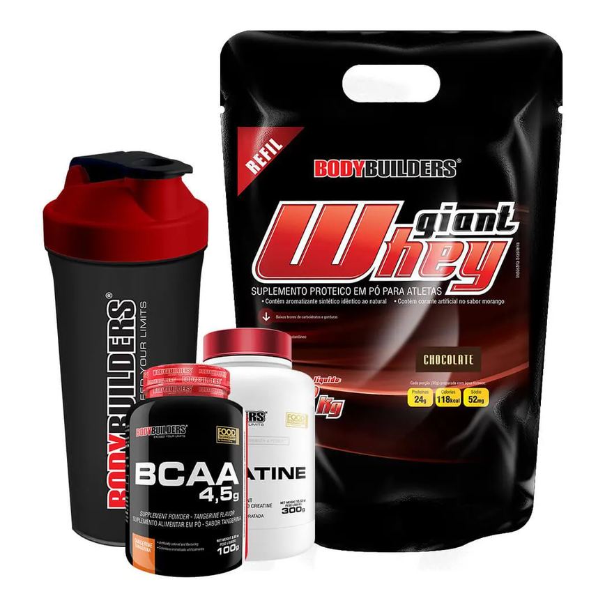 Kit Giant Whey 2kg (refil) + Bcaa 4,5 100g + 100% Creatine 300g + Coqueteleira Sabor: Chocolate– Bodybuilders