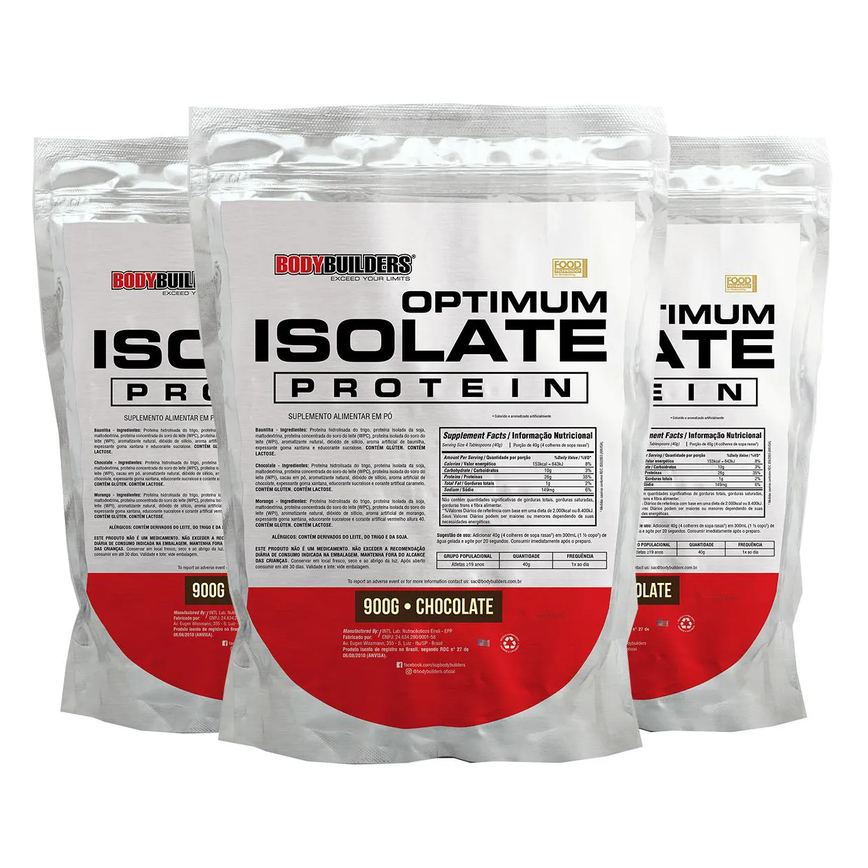 Kit 3x Optimum Isolate Whey Protein 900g - Bodybuilders Sabor Chocolate