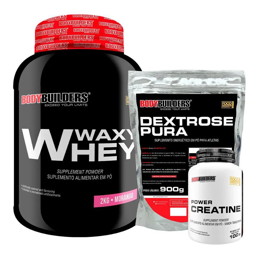 Kit Waxy Whey Protein 2kg + Creatina 100g + Dextrose 900g - Bodybuilders Morango