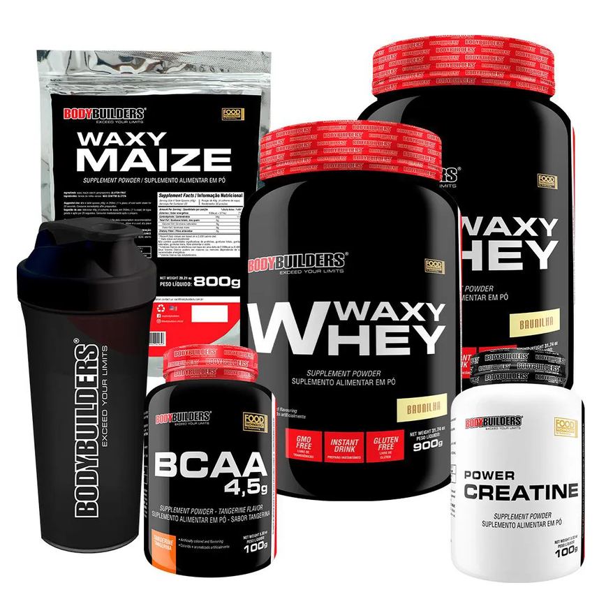Kit 2x Whey Protein Waxy Whey 900g + Bcaa 4.5 100g + Power Creatina 100g + Waxy Maize 800g + Coque. Baunilha