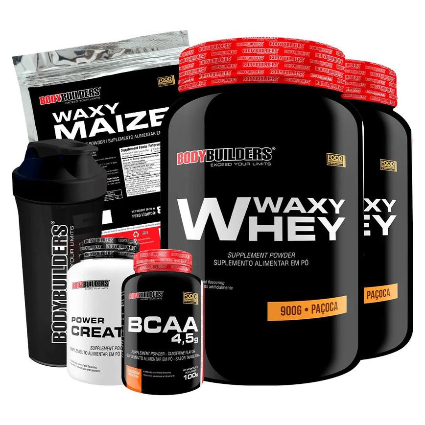 Kit 2x Whey Protein Waxy Whey 900g + Bcaa 4.5 100g + Power Creatina 100g + Waxy Maize 800g + Coque. Paçoca