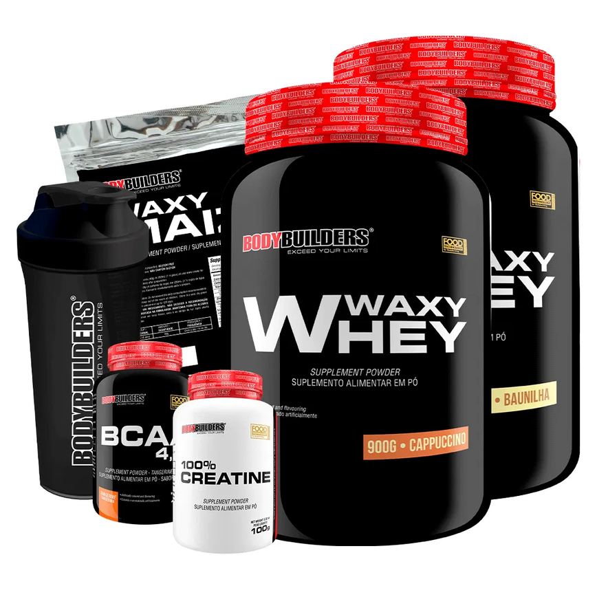 Kit 2x Whey Protein Waxy Whey 900g + Bcaa 4.5 100g + Power Creatina 100g + Waxy Maize 800g + Coque. Baunilha e Cappuccino
