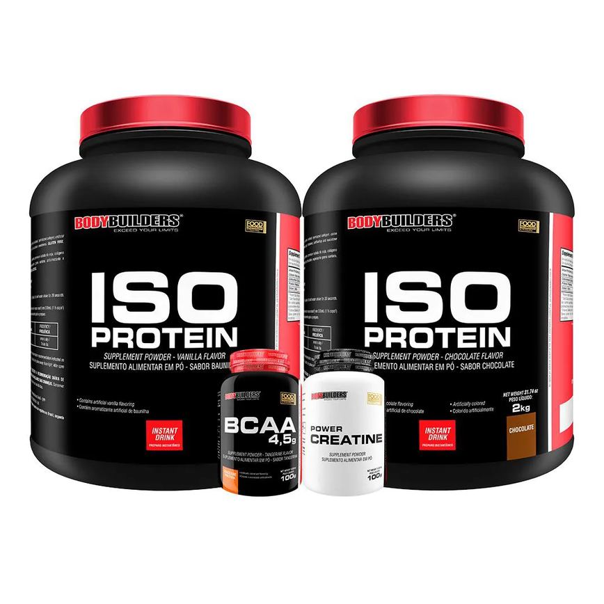 Kit 2x Iso Protein 2kg + Creatina 100g + Bcaa100g - Bodybuilders Sabor Chocolate