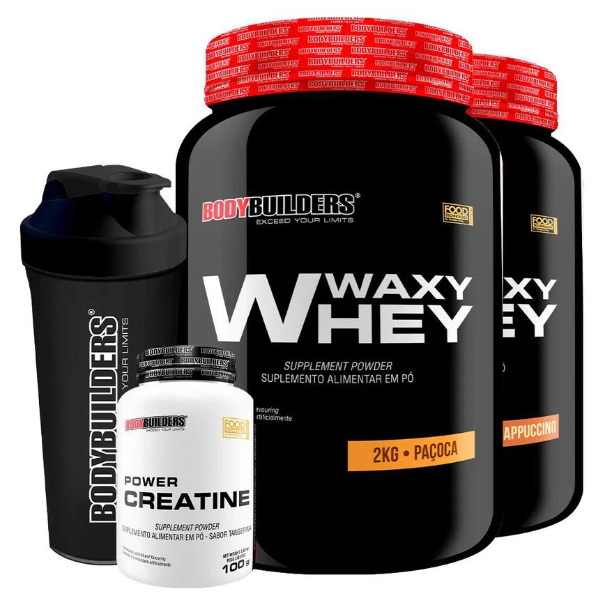 Kit 2x Waxy Whey 2kg + Power Creatina 100g + Coqueteleira - Bodybuilders Cappuccino e Paçoca