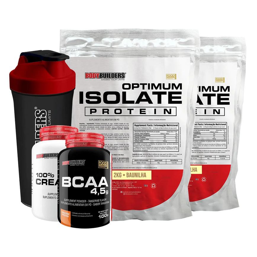 Kit 2x Optimum Isolate Whey Protein 2kg + Creatina 1000g + Bcaa 100g + Coqueteleira Sabor Baunilha - Bodybuilders