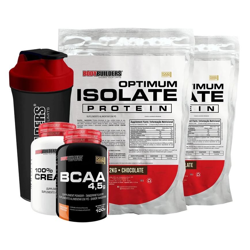 Kit 2x Optimum Isolate Whey Protein 2kg + Creatina 1000g + Bcaa 100g + Coqueteleira Sabor Chocolate - Bodybuilders