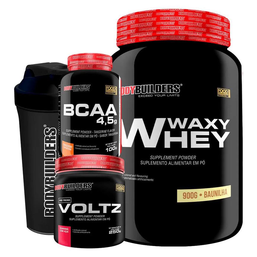 Kit Waxy Whey (35%) 900g + Bcaa 100g + Pré Treino + Coqueteleira - Bodybuilders Morango