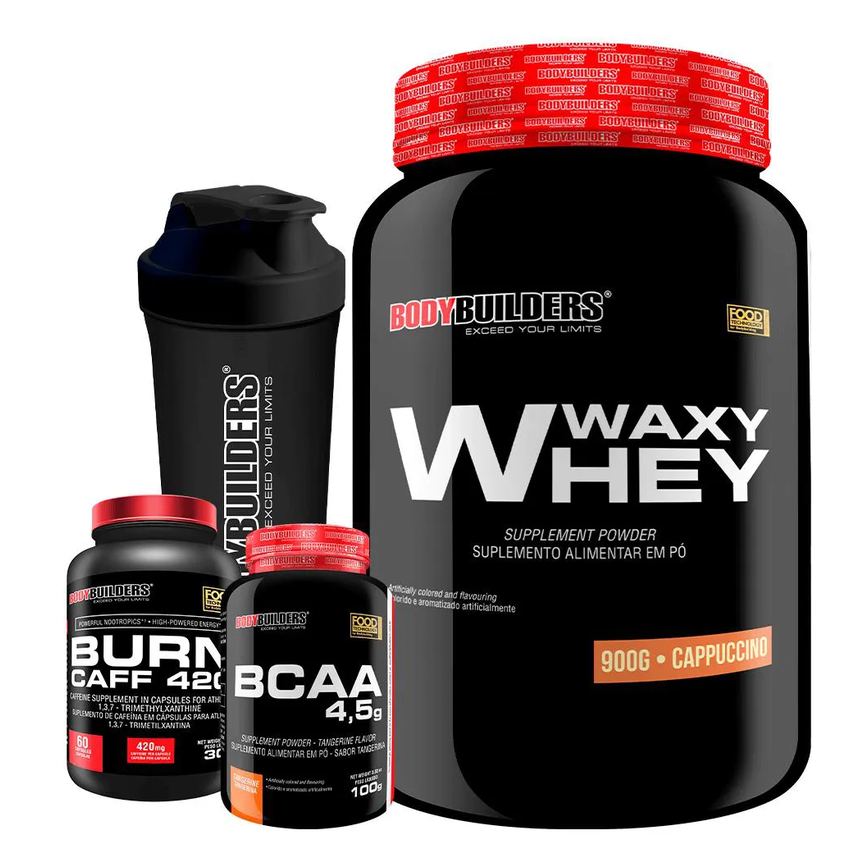Kit Waxy Whey (35%) 900g + Bcaa 100g + Pré Treino + Coqueteleira - Bodybuilders Cappuccino