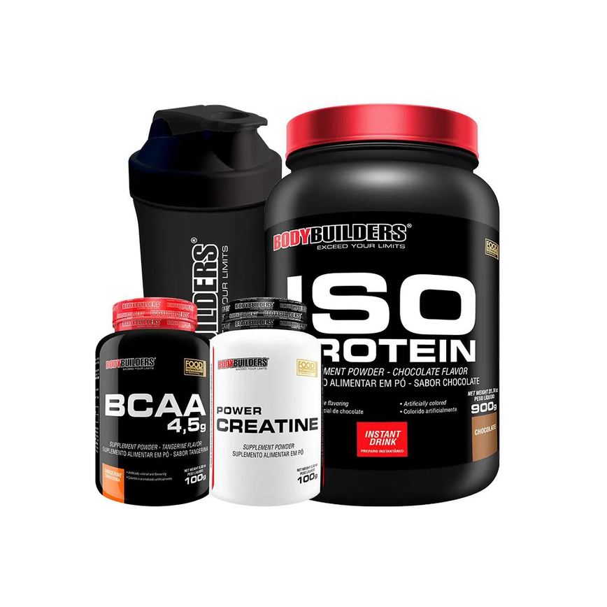 Kit Iso Protein 900g + Power Creatina 100g + Bcaa 100g + Coqueteleira Sabor: Chocolate - Bodybuilders