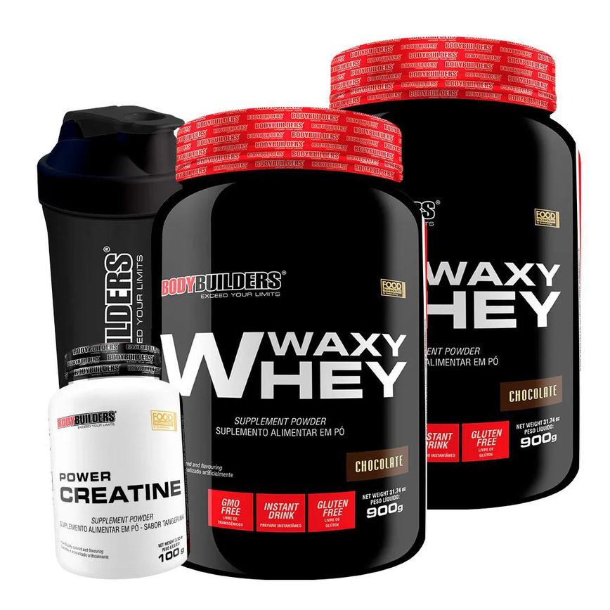 Kit 2x Whey Protein Waxy Whey 900g + Power Creatina 100g + Coqueteleira - Bodybuilders Chocolate