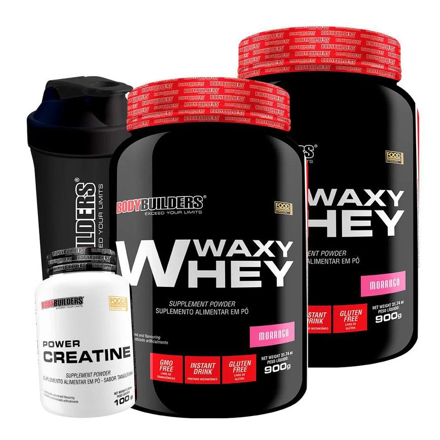 Kit 2x Whey Protein Waxy Whey 900g + Power Creatina 100g + Coqueteleira - Bodybuilders Morango