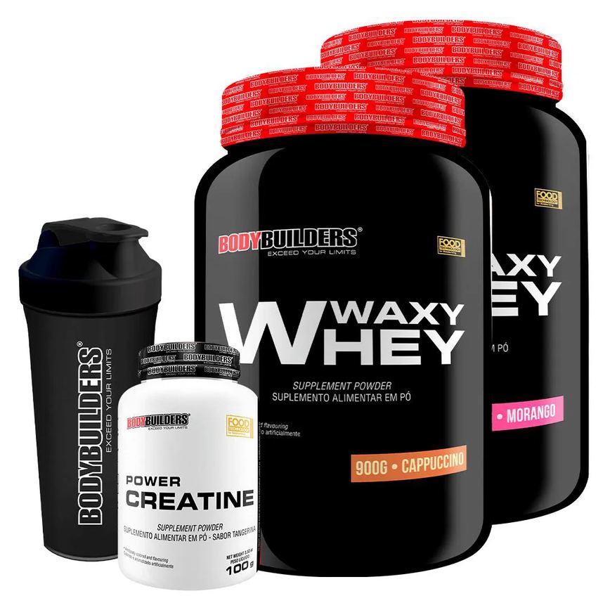 Kit 2x Whey Protein Waxy Whey 900g + Power Creatina 100g + Coqueteleira - Bodybuilders Morango e Cappuccino