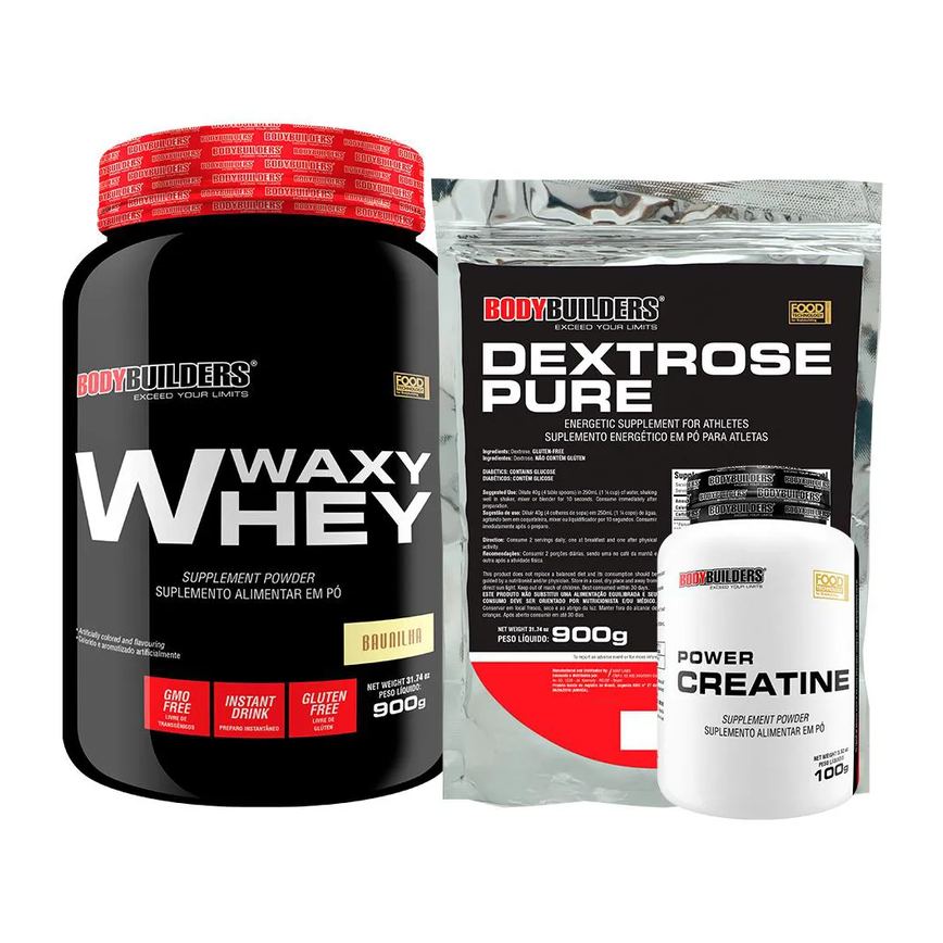 Kit Waxy Whey Protein 900g + Creatina 100g + Dextrose 900g - Bodybuilders Baunilha