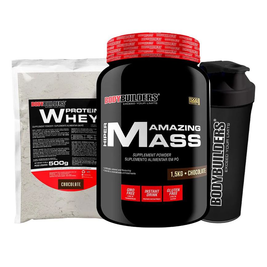 Kit Amazing Mass 1,5kg + Whey Protein 500g + Coqueteleira - Bodybuilders Sabor Chocolate