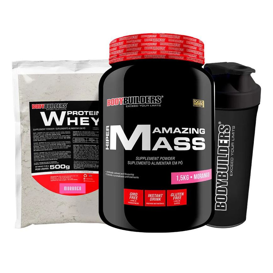 Kit Amazing Mass 1,5kg + Whey Protein 500g + Coqueteleira - Bodybuilders Sabor Morango