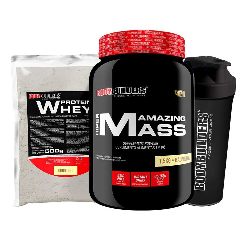 Kit Amazing Mass 1,5kg + Whey Protein 500g + Coqueteleira - Bodybuilders Sabor Baunilha