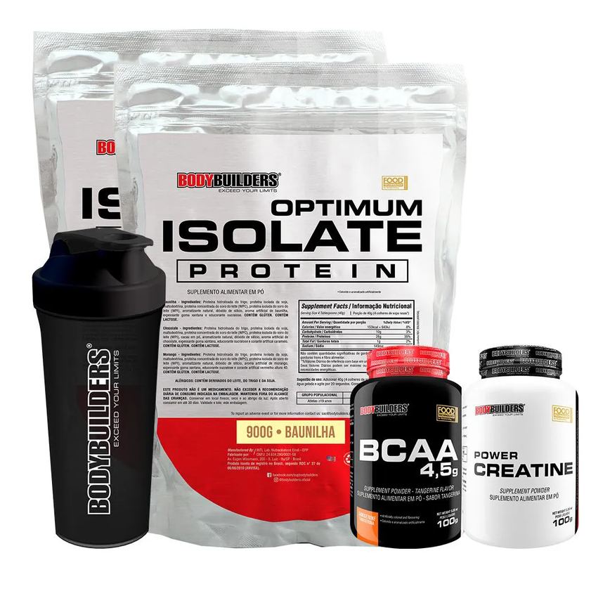 Kit 2x Optimum Isolate Whey Protein 900g + Power Creatina 100g + Bcaa 100g + Coqueteleira - Bodybuilders Sabor Baunilha