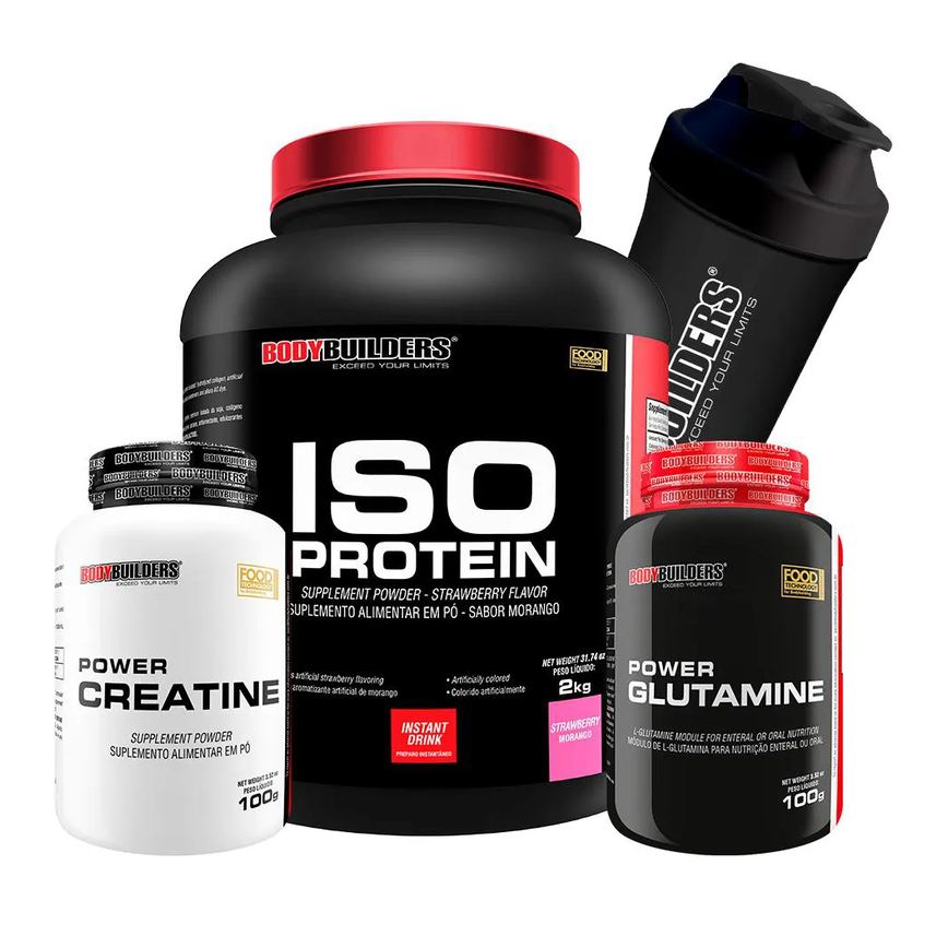 Kit BodyBuilders ISO Protein Morango 2kg + Creatina Power Creatine 100g + Glutamina Power Glutamine 100g + Coqueteleira
