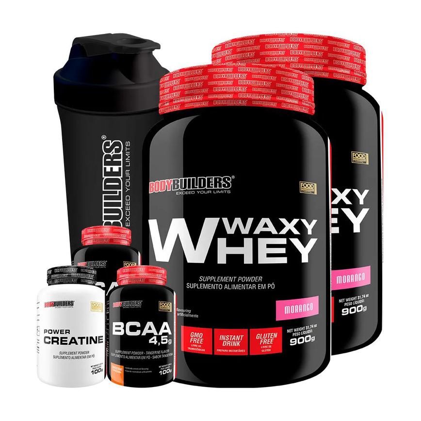 Kit 2x Waxy Whey 900g + 2x Bcaa 4.5 100g + Power Creatina 100g + Coqueteleira - Bodybuilders Morango