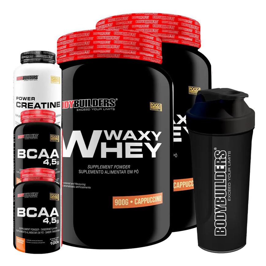 Kit 2x Waxy Whey 900g + 2x Bcaa 4.5 100g + Power Creatina 100g + Coqueteleira - Bodybuilders Cappuccino