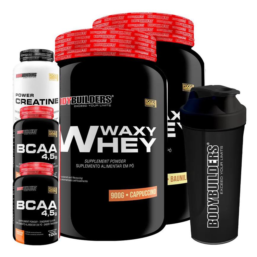 Kit 2x Waxy Whey 900g + 2x Bcaa 4.5 100g + Power Creatina 100g + Coqueteleira - Bodybuilders Baunilha e Cappuccino