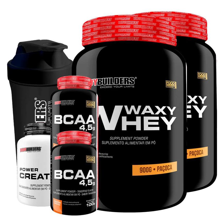 Kit 2x Waxy Whey 900g + 2x Bcaa 4.5 100g + Power Creatina 100g + Coqueteleira - Bodybuilders Paçoca