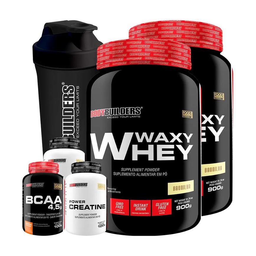 Kit 2x Waxy Whey 900g + Bcaa 4.5 100g + 2x Power Creatina 100g + Coqueteleira - Bodybuilders Baunilha
