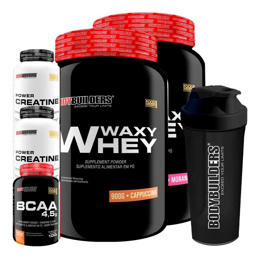 Kit 2x Waxy Whey 900g + Bcaa 4.5 100g + 2x Power Creatina 100g + Coqueteleira - Bodybuilders Morango e Cappuccino