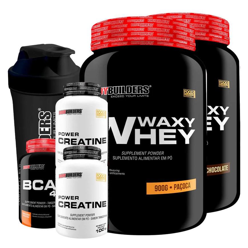 Kit 2x Waxy Whey 900g + Bcaa 4.5 100g + 2x Power Creatina 100g + Coqueteleira - Bodybuilders Chocolate e Paçoca